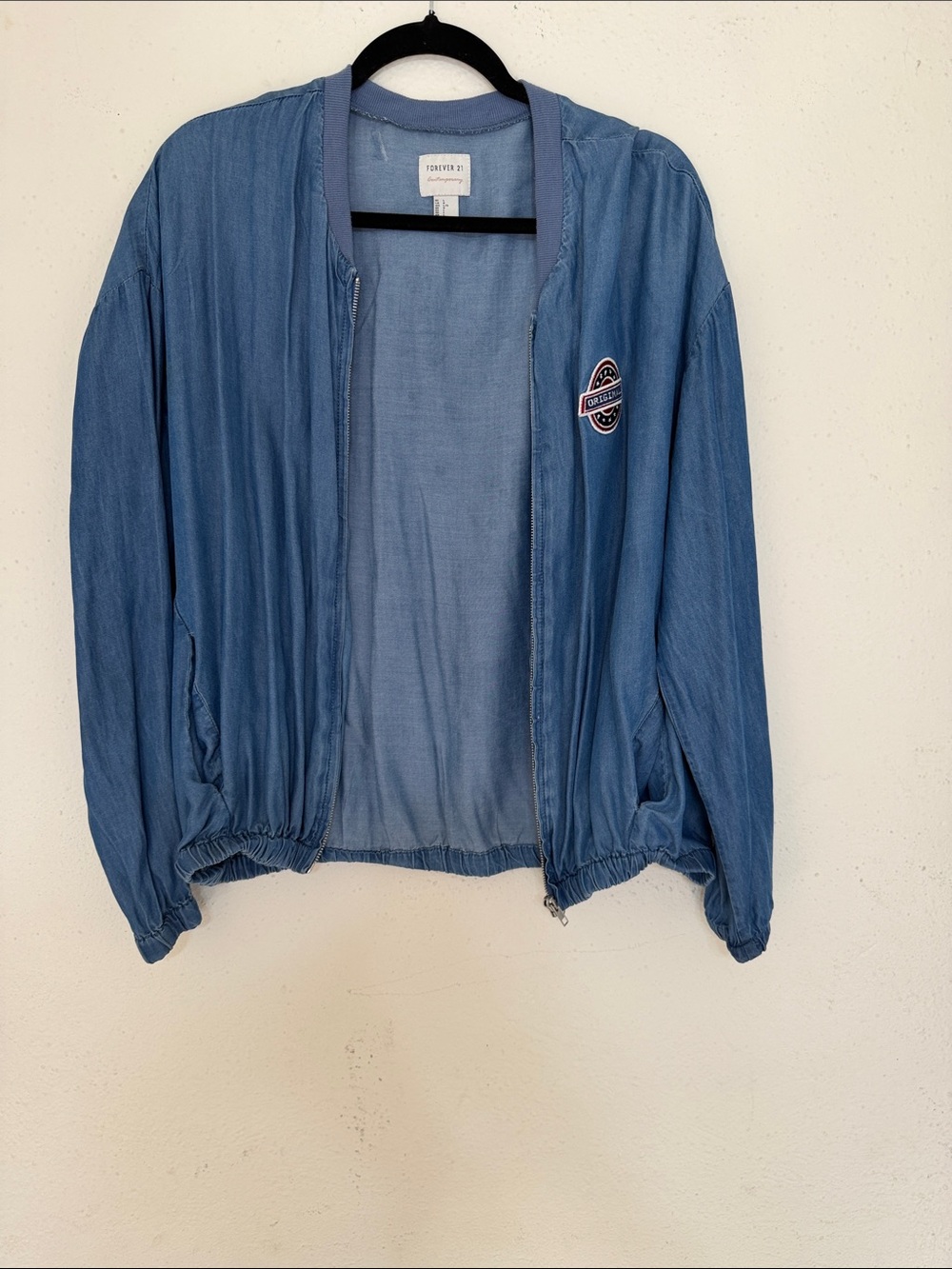 Forever 21 Blue Denim-Look Bomber Jacket with Patch